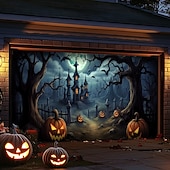 billige Halloween garasjeportdeksel-halloween dørdekorasjoner utendørs halloween garasjedørdeksel jack o lanterne gresskar slott banner skummel skog stort bakteppe dekorasjon for ferie utendørs garasjedør hjem veggdekorasjoner