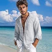 voordelige heren overhemd met knopen-Voor heren Overhemd Zomer overhemd Strand Kleding Overhemd met knopen Normaal shirt Gestreept shirt Blozend Roze Groen Donkergrijs Licht Blauw Lange mouw Effen Band Kraag Dagelijks Vakantie Splits