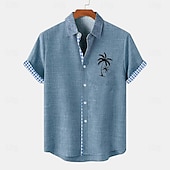 economico Classico-Per uomo Camicia camicia di lino Camicia da spiaggia Camicia hawaiana Albero di cocco Esterno Da mare Blu marino Blu Verde Kaki Maniche corte Collo ripiegabile Estate Abbigliamento