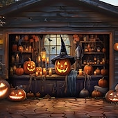 billige Halloween garasjeportdeksel-halloween dørdekorasjoner utendørs halloween garasjedørdeksel jack o lanterne gresskar slott banner skummel skog stort bakteppe dekorasjon for ferie utendørs garasjedør hjem veggdekorasjoner