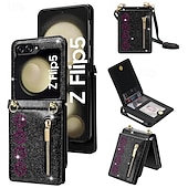 お買い得  サムスン用ケース-電話 ケース 用途 サムスンのギャラクシー Zフリップ7 Zフリップ6 Z Flip 5 Z Flip 4 Z Flip 3 フリップカバー ジッパ－ ストラップ付き ブリンブリングリッターシャイニー レトロ風 PC PUレザー
