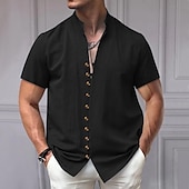 cheap Business Casual-Men&#039;s Shirt Linen Shirt Chinese Collar Shirt Mandarin Collar Shirt Casual Shirt Button Up Shirt Plain Vacation Street Black White Pink Khaki Short Sleeve Grandad Collar Summer Clothing Apparel