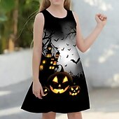 Halloween Girls' 3D Halloween pumpkin Cami Dress Sleeveless 3D Print Summer Daily Holiday Vacation Casual Halloween Custome Kids 4-12 Years Strap Dress A Line Dress Above Knee Polyester Regular Fit4
