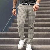 billiga Smal-Herr Rutig Kostymbyxor Medium Midja Business Casual Formell Vardag Dragkedja Ficka Sommar Vår Höst 3D-tryck Brun Grå