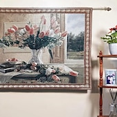 baratos Tapeçarias tecidas em jacquard-tapeçaria tecida jacquard gobelin aubusson arte de parede pendurada grande tapeçaria reprodução tear tecido de algodão tulipas em um vaso tapeçaria belga (sem borlas e haste)
