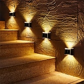 baratos Candeeiros Luzes de Exterior-Luminária de parede solar externa de aço inoxidável 6led, à prova d&#039;água, para varanda, pátio, pátio, cerca, decoração noturna, fácil instalação, decoração de jardim, luminária de parede solar externa