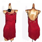 abordables Ropa de baile latino-Vestido de baile latino con bordado de borlas para mujer, trajes de baile sin mangas para entrenamiento de rendimiento, rumba, salsa, samba