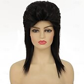 tanie Peruki historyczne-Czarne peruki Mullet dla kobiet kręcone ramionowe puszyste włosy lat 70. i 80. rocker cosplay syntetyczne (czarne) Halloween