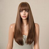 baratos Perucas Sintéticas sem Touca-Perucas sintéticas Liso Franja Lisa Com Franjas Peruca 26 polegadas Sépia Cabelo Sintético Mulheres Cabelo Ombre Confortável Com franja Marrom