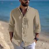 cheap Vacation-Men&#039;s Shirt Linen Shirt Summer Shirt Beach Wear Casual Shirt Button Up Shirt Plain Vacation Casual Black White Pink Blue Long Sleeve Lapel Spring &amp; Summer Clothing Apparel