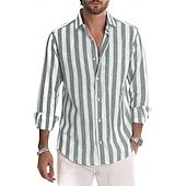 preiswerte Business Casual-Herren Hemd Leinenhemd Sommerhemd Freizeithemd Strandhemd Knopfhemd Gestreift Urlaub Ferien Schwarz Gelb Rosa Rot Langarm Umlegekragen Frühling &amp; Herbst Bekleidung Button-Down