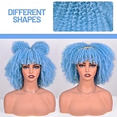 abordables Perruques historiques-Perruques courtes crépues pour femmes noires perruque afro bouclée avec frange perruque afro bleue entièrement fabriquée à la machine bouclée et moelleuse pour Halloween et soirées cosplay