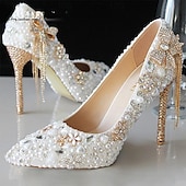 cheap Semi-Formal-Elegant White Rhinestone and Pearl Bridal Heels for Women – Wedding Shoes with Crystal-Embellished Stiletto and Bow Detail
