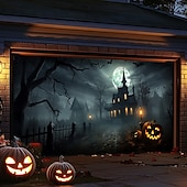 billige Halloween garasjeportdeksel-halloween dørdekorasjoner utendørs halloween garasjedørdeksel jack o lanterne gresskar slott banner skummel skog stort bakteppe dekorasjon for ferie utendørs garasjedør hjem veggdekorasjoner
