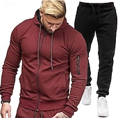 baratos moletons básicos-Homens Moletom Full Zip Hoodie Suéter Preto Cinza Claro Cinzento Com Capuz Tecido 2 Peças Diário Desportos e Ar livre Feriado Poliéster Roupa de rua Básico Casual Primavera &amp; Outono Roupa Moletons