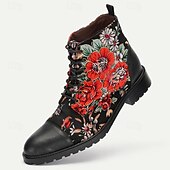 cheap Premium Leather Boots-Men&#039;s Black Floral Combat Boots with Rugged Soles and Leather Toe Caps for Casual and Outdoor Wear