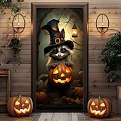 billige Halloween dørdeksler-halloween dørdekorasjoner halloween dørdeksler svart katt gresskar dør billedvev dør gardin dekorasjon bakteppe dør banner for inngangsdør gårdshus ferie fest dekor forsyninger