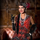 economico Abiti degli anni '20-Set Anni Ruggenti Anni 1920 Lunghezza al ginocchio Vestito Abito Flapper Abiti con accessori Senza maniche Il grande Gatsby Charleston Invitato al matrimonio Paillettes Frangia con nappe Piuma Scollo