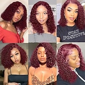 voordelige Pruiken van echt haar, met kanten voorzijde-Onverwerkt maagd haar 4x13 Sluiting Pruik Korte bob Braziliaans haar Diep krullend Afro Kinky Curly Oranje Bordeaux Meerkleurig Pruik 130% 150% 180% Haardichtheid met babyhaar Haar met highlights