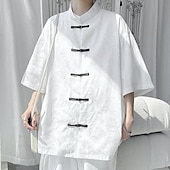 Men's Shirt Chinese Collar Shirt Mandarin Collar Shirt Summer Shirt Casual Shirt Beach Shirt Black White Short Sleeve Plain Mandarin Collar Vacation Holiday Embroidered Clothing Apparel Polyester 14