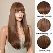 baratos Perucas Sintéticas sem Touca-Perucas sintéticas Liso Franja Lisa Com Franjas Peruca 26 polegadas Sépia Cabelo Sintético Mulheres Cabelo Ombre Confortável Com franja Marrom