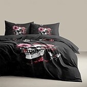 baratos Quarto de Halloween-Conjunto de capa de edredom com caveira floral de Halloween – inclui capa de edredom e fronhas – design assustador e festivo – tecido macio e confortável – perfeito para decoração de casa de Halloween
