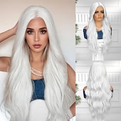 economico Parrucche lace sintetiche-Parrucca in pizzo sintetico Ondulato naturale Stile 28 pollice Argento Parte di mezzo Cucita a U Parrucca Per donna Parrucca Argento