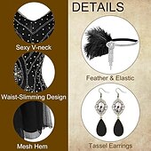 abordables 1920s Dresses-Roaring 20s 1920s Floor Length Knee Length Dress Evening Dress Outfits Short Sleeves The Great Gatsby Charleston Wedding Guest Sequins Tassel Fringe Feather V Neck Fancy Dress Women's New Year