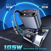 preiswerte Auto Ladegerät-einziehbarer Autoladeadapter mit Typ-C-Kabel Lightning 2 USB-Anschlüsse Autoadapter mit Spannungsanzeige PD 45 W