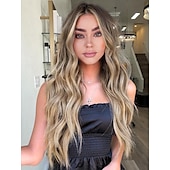 abordables Perruques de fête-perruque blonde pour femme, perruque longue ondulée avec racines foncées, 26 pouces, partie centrale, cheveux en fibre synthétique pour une utilisation quotidienne, fête, carnaval