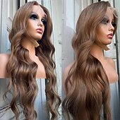 voordelige Pruiken van echt haar, met kanten voorzijde-Onverwerkt maagd haar 4x13 Sluiting Pruik Gratis deel Braziliaans haar Golvend Kastanjebruin Pruik 130% 150% Haardichtheid met babyhaar lijmloze Pre-geplukt Voor Dames Lang Kanten pruiken van echt
