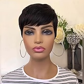 cheap Human Hair Capless Wigs-Pixie Cut Wig Human Hair Wigs For Black Women Short Human Hair Wigs with Bangs Pixie Cut Short Straight Black Wigs Full Machine Made Glueless Wigs