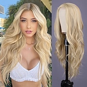 abordables Perruques de fête-Perruque Ondulée Blonde Mixte Longue pour Femmes -26 pouces Partie Centrale Perruque Bouclée Longue Résistante à la Chaleur Cheveux Synthétiques Aspect Naturel Perruque en Fibre pour Utilisation