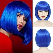 baratos Perucas de festa-Peruca Bob com Franjas Peruca Bob Curta Branca para Mulheres Peruca Reta Bob com Franjas de 10 Polegadas Resistente ao Calor Cabelo Sintético Natural para Uso Diário e de Festa Perucas de Halloween