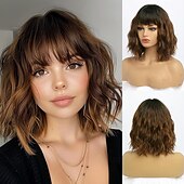 voordelige Synthetische trendy pruiken-bruin met lichtbruine pruiken korte golvende bob pruik met pony halflang synthetisch haar voor dagelijks feest (12 inch)