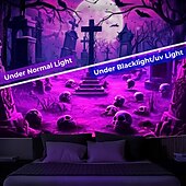 baratos tapeçarias de parede de halloween-Tecido de Halloween Caveiras Tecido de Luz Negra Reativo UV Brilho no Escuro Cemitério Nebuloso Pendurado Arte de Parede Mural para Sala de Estar Quarto