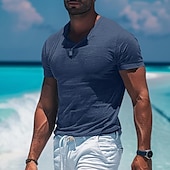 economico T-shirt in Cotone e Lino-Per uomo Maglietta Maglie traspiranti Manica Corta Scollo a V Semplice Sport Essenziale Casual Casuale Blu chiaro Nero Bianco Maglietta Top per Uomo