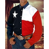 preiswerte Flaggenmuster-Herren Amerikanische Flagge Westernhemd Knopfhemd Cowboy-Shirt Langarm westlicher Stil Täglich Umlegekragen Hemden mit Kragen 3D-Druck Vordertasche Schwarz Weiß Rote Blau