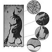 cheap Halloween Door Covers-Halloween Scary Witch Front Door Curtain Decoration, Halloween Broomstick Bats Flying Jagged Bottom Display