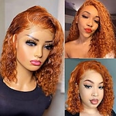 voordelige Pruiken van echt haar, met kanten voorzijde-Onverwerkt maagd haar 4x13 Sluiting Pruik Korte bob Braziliaans haar Diep krullend Afro Kinky Curly Oranje Bordeaux Meerkleurig Pruik 130% 150% 180% Haardichtheid met babyhaar Haar met highlights