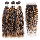 economico 3 ciocche con closure-p4/27 evidenziano capelli umani ricci ondulati 3 pacchi con chiusura in pizzo 4x4 capelli umani remy