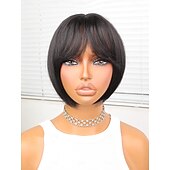 preiswerte Trendige synthetische Perücken-Synthetische Perücken Natürlich gerade Bob Bubikopf Gerader Pony Perücke 10 Zoll Schwarz Synthetische Haare Damen Schwarz