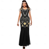 abordables 1920s Dresses-Roaring 20s 1920s Floor Length Knee Length Dress Evening Dress Outfits Short Sleeves The Great Gatsby Charleston Wedding Guest Sequins Tassel Fringe Feather V Neck Fancy Dress Women's New Year