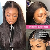 economico Parrucche lace front capelli veri-Capelli umani di Remy 13x4 Pizzo Frontale Parrucca Parte libera Brasiliano Kinky liscia Nero Parrucca 150% Densità dei capelli con i capelli del bambino Senza colla Pre-a pizzico Per parrucche per le