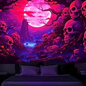 baratos tapeçarias de parede de halloween-Tecido de Halloween Caveiras Tecido de Luz Negra Reativo UV Brilho no Escuro Cemitério Nebuloso Pendurado Arte de Parede Mural para Sala de Estar Quarto