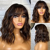 baratos Perucas de seda frontais de cabelo natural-Cabelo humano remy 13x4 Lace Front Peruca Bob curto Franja Lisa Cabelo Brasileiro Ondulado Multi Cores Peruca 130% 150% Densidade do Cabelo Cabelo com Luzes / Reflexos 100% Virgem Sem cola