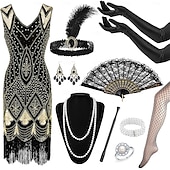 olcso Öltözetek-Retró Ordító 20-as évek 1920-as évek Flapper ruha Felszerelések Kiegészítő készlet A nagy Gatsby Flapper lány Esküvői Vendég Flitter Rojt Női Menyegző Ruha Klub Felnőttek Ruha Kesztyűk Zoknik Minden