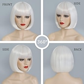 baratos Perucas de festa-Peruca Bob com Franjas Peruca Bob Curta Branca para Mulheres Peruca Reta Bob com Franjas de 10 Polegadas Resistente ao Calor Cabelo Sintético Natural para Uso Diário e de Festa Perucas de Halloween