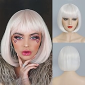 baratos Perucas de festa-Peruca Bob com Franjas Peruca Bob Curta Branca para Mulheres Peruca Reta Bob com Franjas de 10 Polegadas Resistente ao Calor Cabelo Sintético Natural para Uso Diário e de Festa Perucas de Halloween