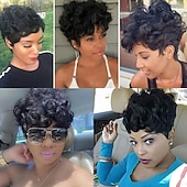 Недорогие Натуральные парики без шапочки-основы-Натуральные волосы Парик Короткие Кудрявый Стрижка под мальчика Природа Черный Регулируется Природные волосы Для темнокожих женщин Машинное плетение Без шапочки-основы Бразильские волосы Жен. Черный